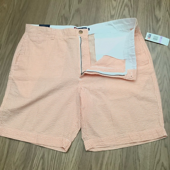 Chaps Mens Textured Plaid Shorts Size 38 Pockets Orange Flat Front - 8” Inseam - Picture 10 of 12